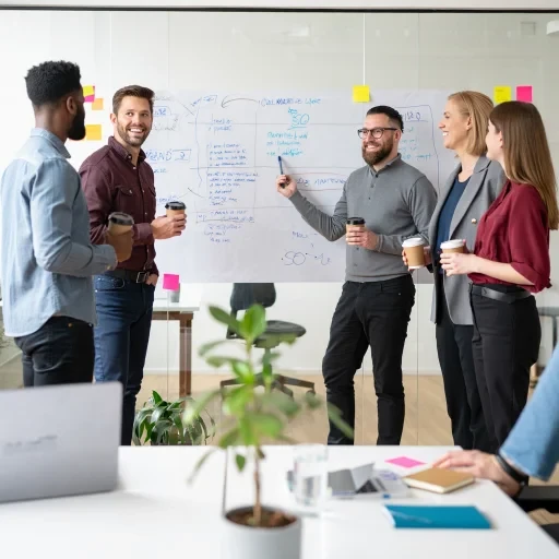 Team brainstorming SEO strategy at whiteboard